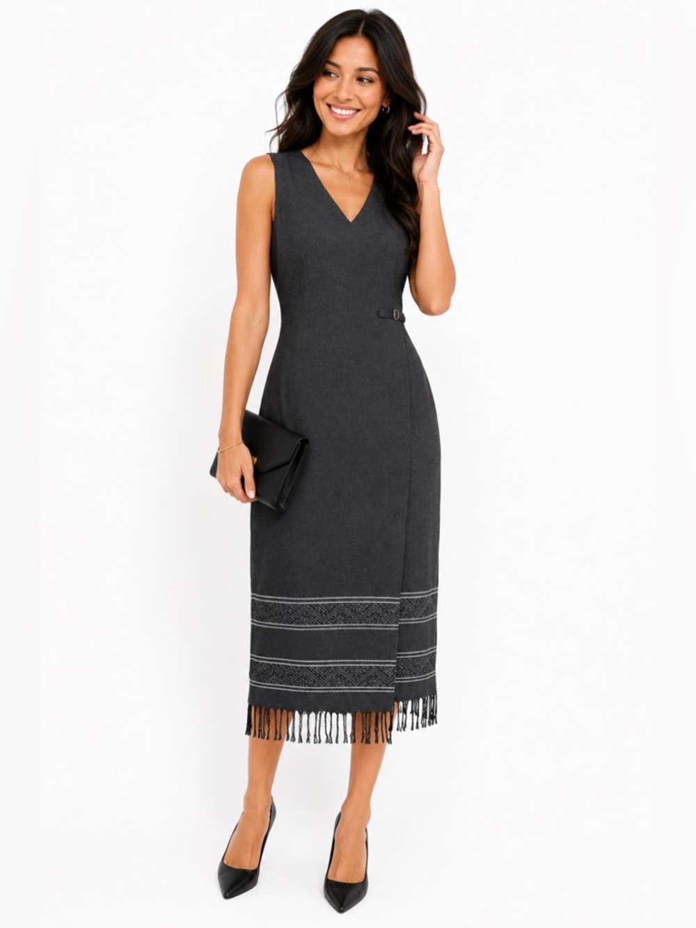 Talbots Womens Grey Sheath Dress Size 16 Scoop Neck Fringe Hem Sleeveless Zipper